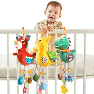 Baby toy dinosaur hanging rattle toy crinkle squeaky sensory toys with mirror and bell, car seat stroller mobile toy for newborn infant 3 Month 