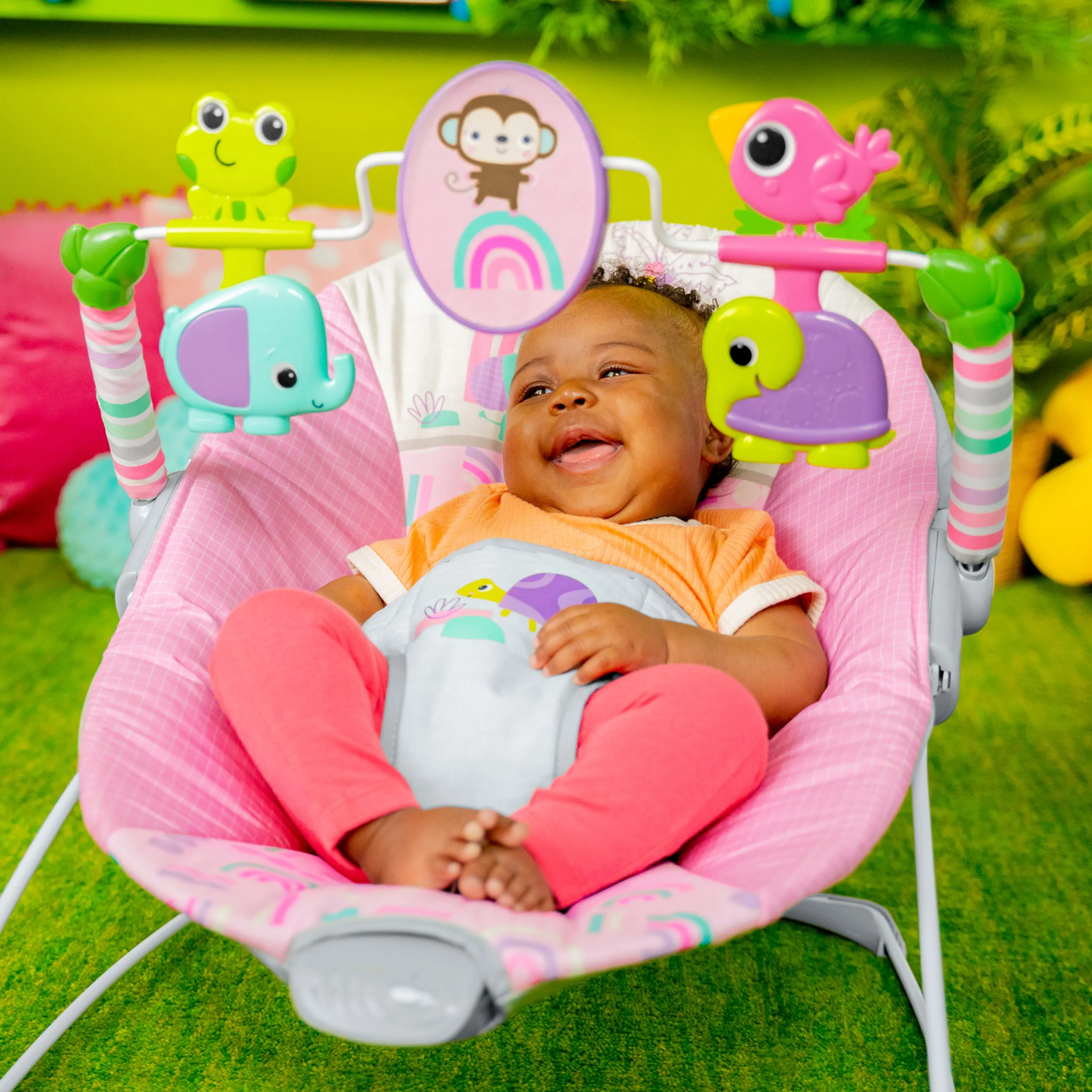 Bright Starts Pink Paradise Vibrating Baby Bouncer, Newborn  