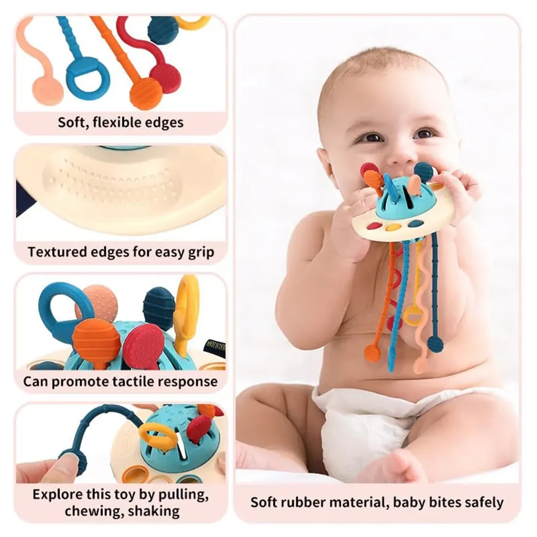 Wembley Pull String Toys for Babies Montessori Toys for 1  Year Old | Teether for 6 to 12 Months Baby Toys Food Grade Silicone Fine Motor Skills Toddler Activity Sensory Toys - BIS Approved