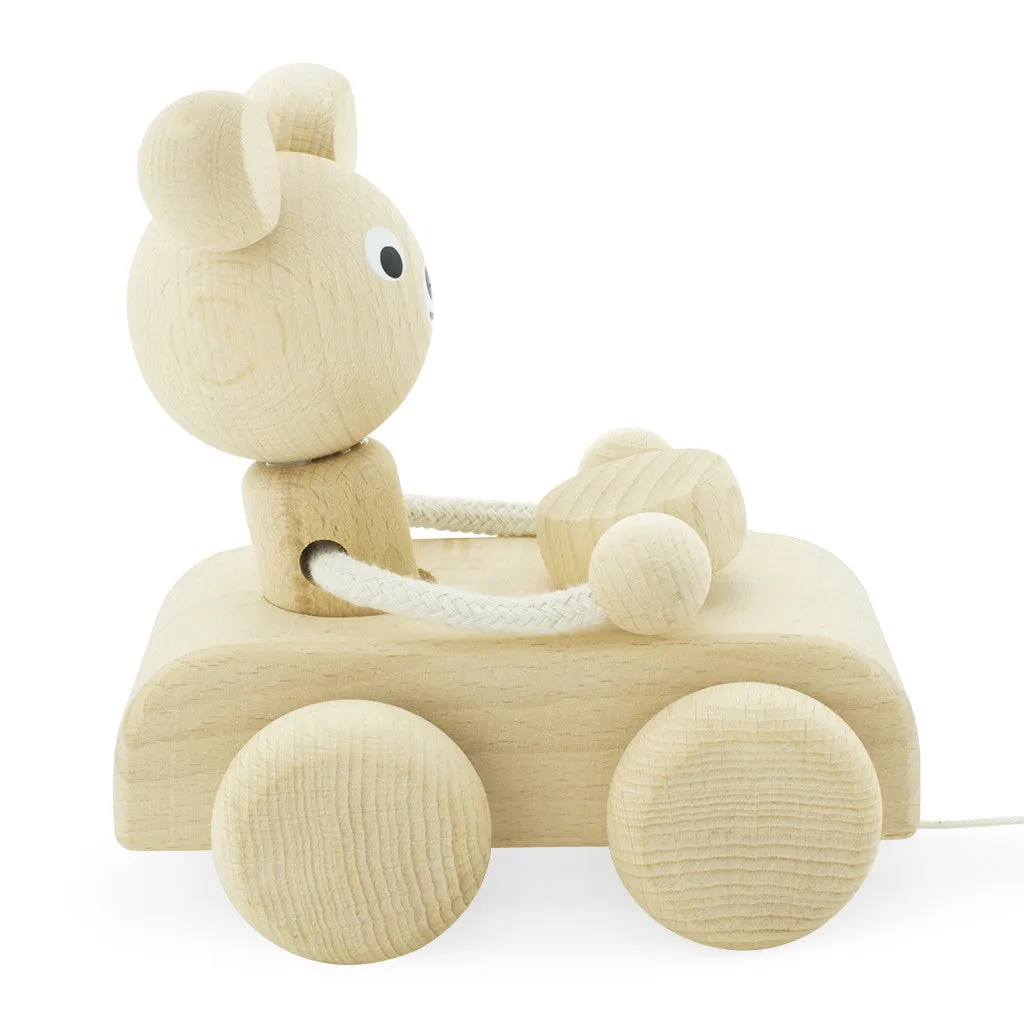 Wooden Pull Along Bear In Car - Teddy