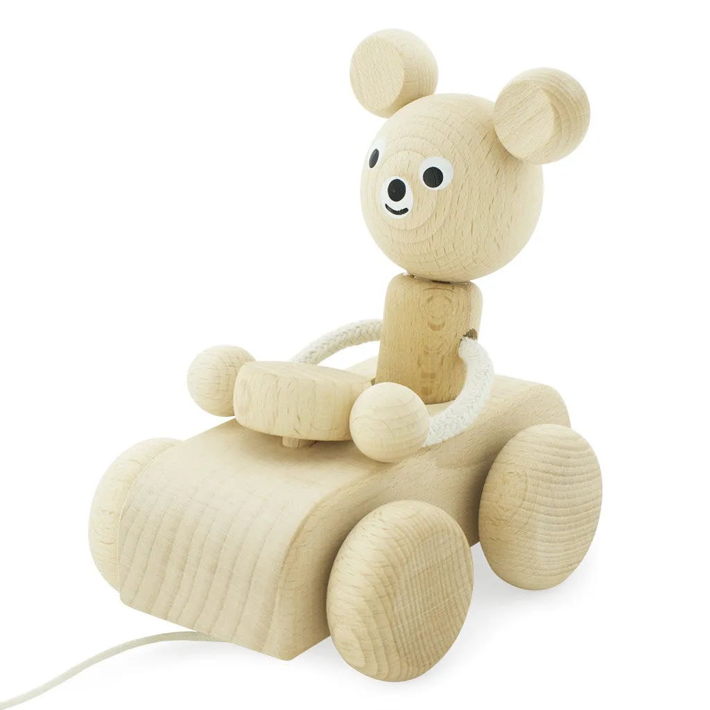 Wooden Pull Along Bear In Car - Teddy