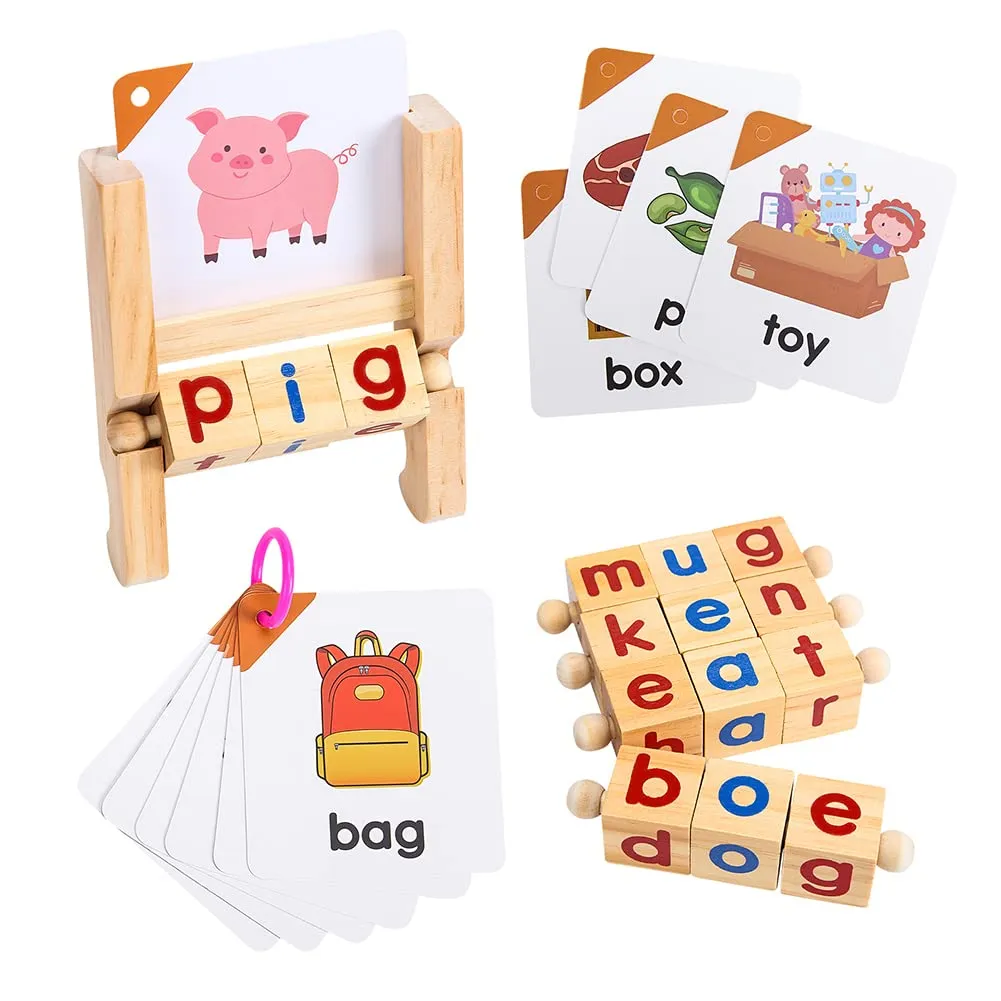 YIWA Wooden Reading Blocks Rotating Letter Puzzle Spelling Games